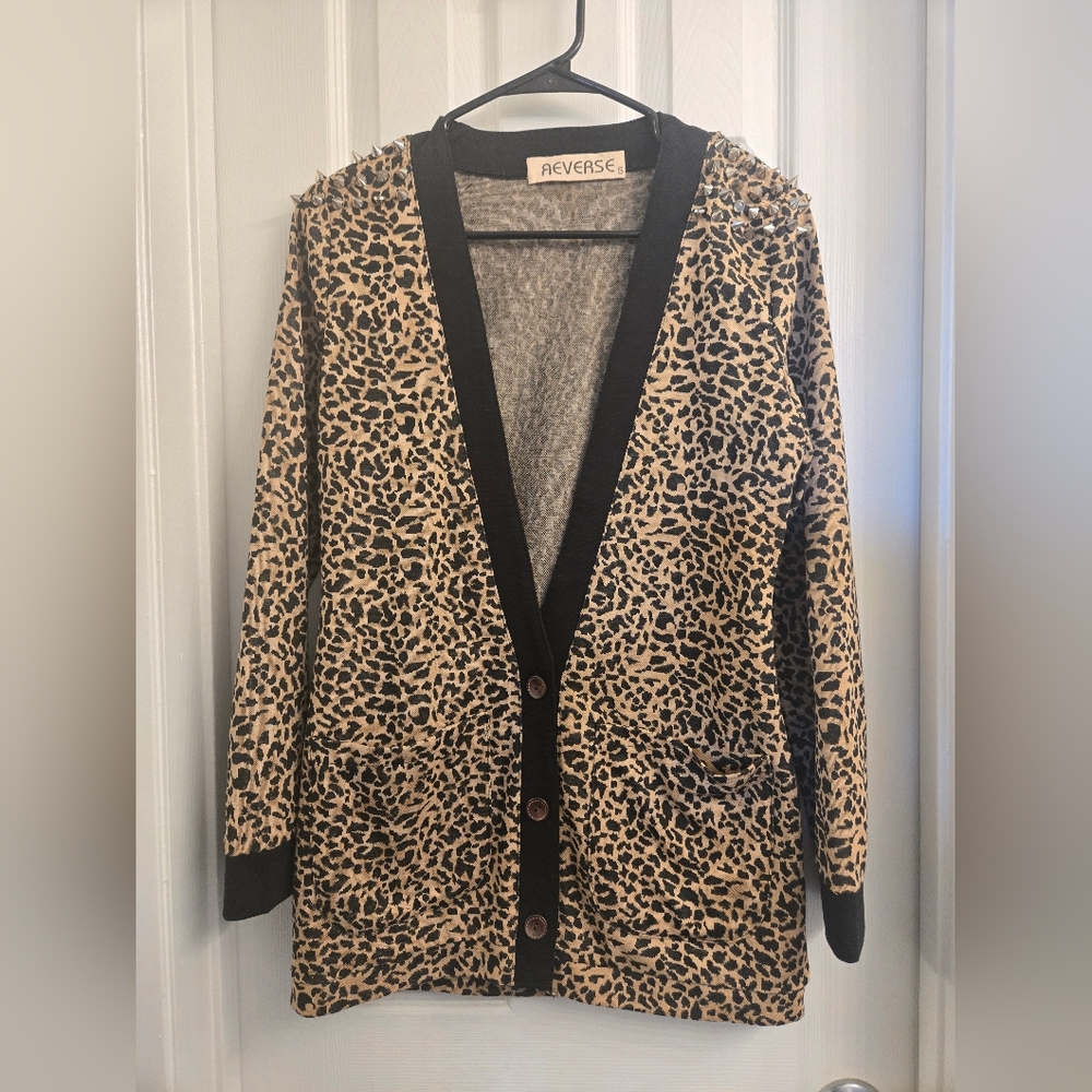 Reverse - Animal Print Cardigan - Black and Tan With Spikes Sz Small